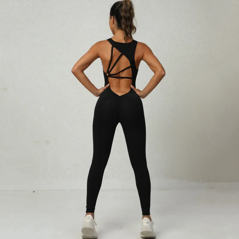 Yoga Jumpsuit V-shaped Back Design Sleeveless Fitness Running Sportswear Stretch Tights Pants For Womens Clothing - Image 3