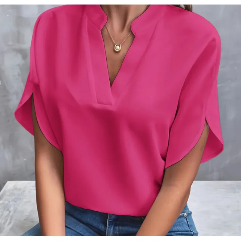 Summer Short-sleeved Chiffon Shirt New V-neck Shirt Women's Casual Versatile Clothing - Image 9